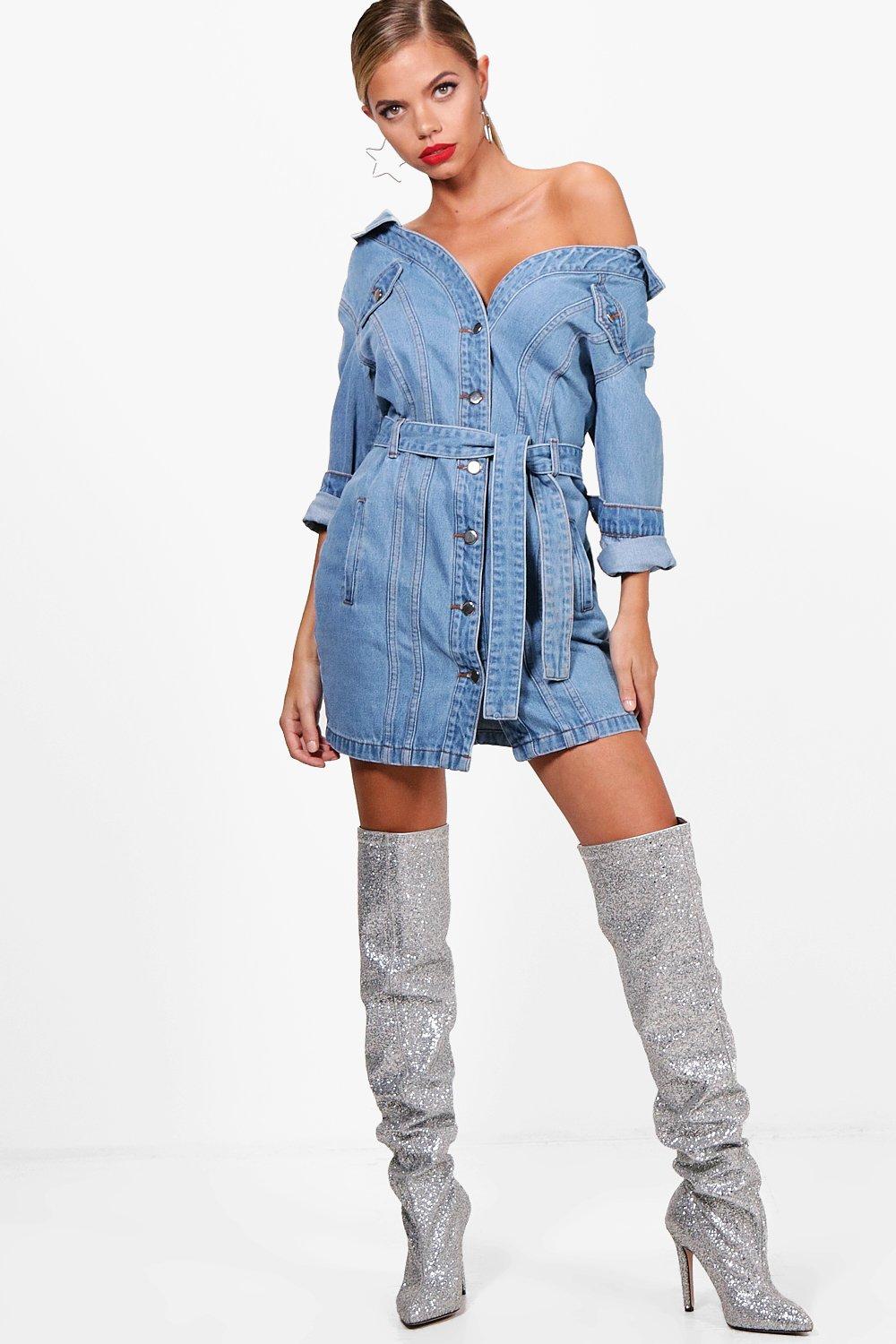 Off The Shoulder Denim Shirt Dress